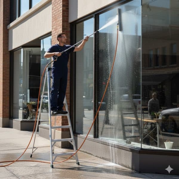 Man doing Exterior Commercial Window Cleaning Storefront
