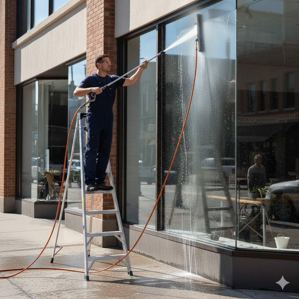 Man doing Exterior Commercial Window Cleaning Storefront