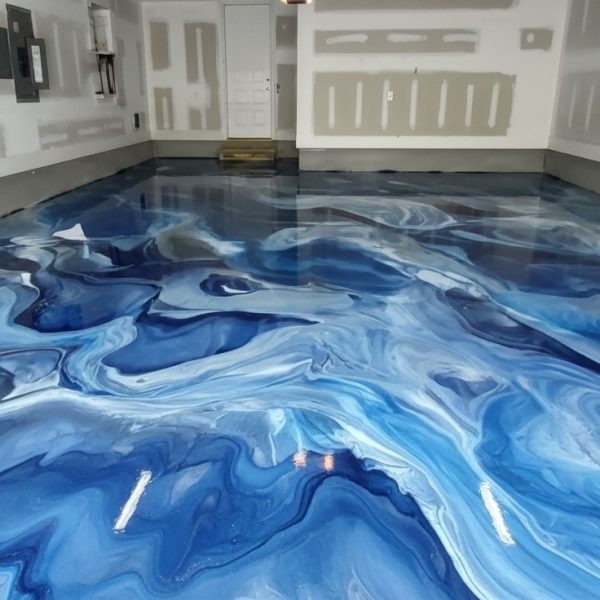 Metallic Epoxy Floor Blue in Garage.