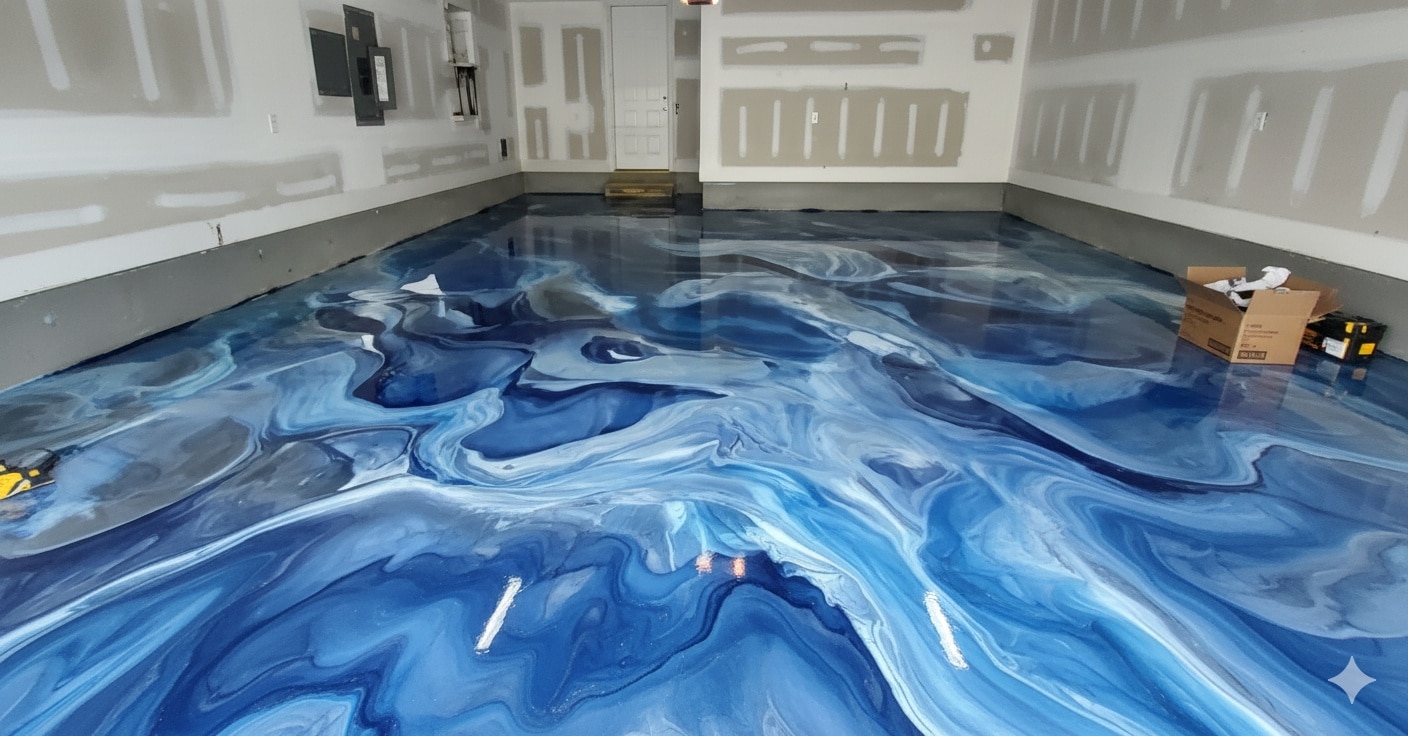 Metallic Epoxy Floor Blue in Garage.