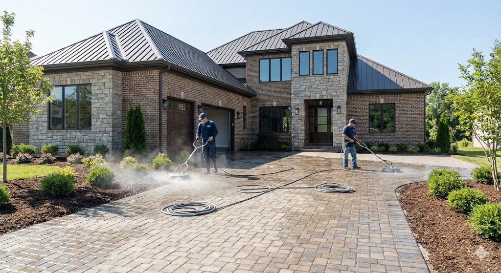 Pressure washing paver driveway for John Cannon Home