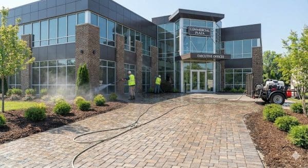 SWS pressure washing an office building