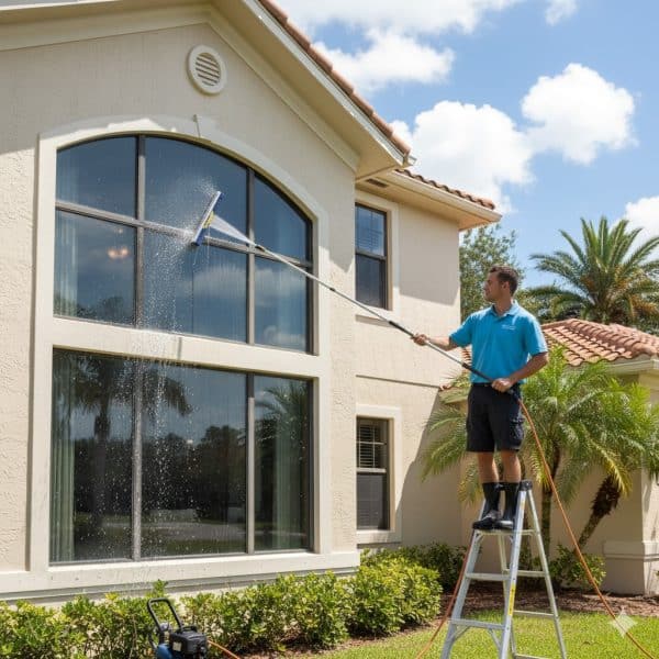 exterior window washing a home.